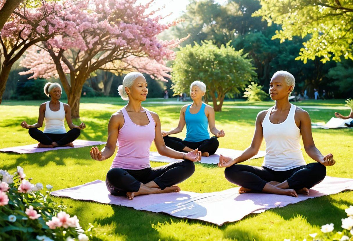 A serene park scene with a diverse group of cancer survivors engaging in various activities like yoga, painting, and reading, surrounded by blooming flowers symbolizing hope. In the background, a gentle sun casts warm rays, creating a sense of tranquility and resilience. The focus should be on diversity in age and ethnicity, showcasing caring interactions. super-realistic. vibrant colors. harmonious composition.
